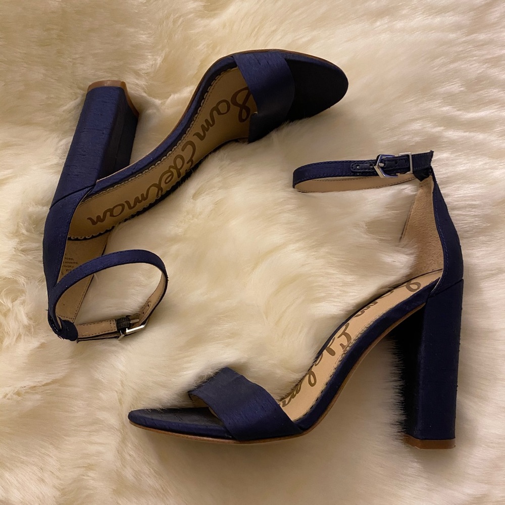 Sam Edelman Yaro Satin Navy Ankle Bloc heels 5.5